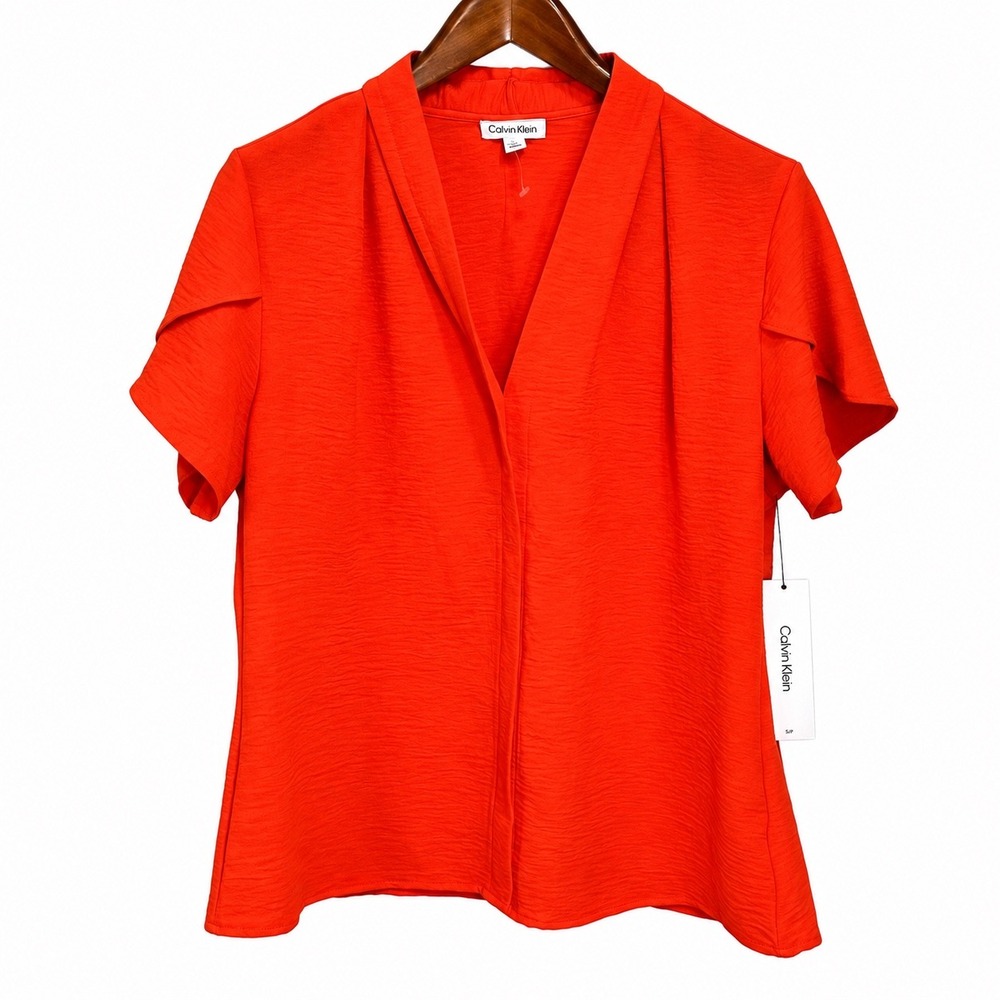 Calvin Klein Womens Orange Short Sleeve Shawl Collar Blouse S45T506A XL
